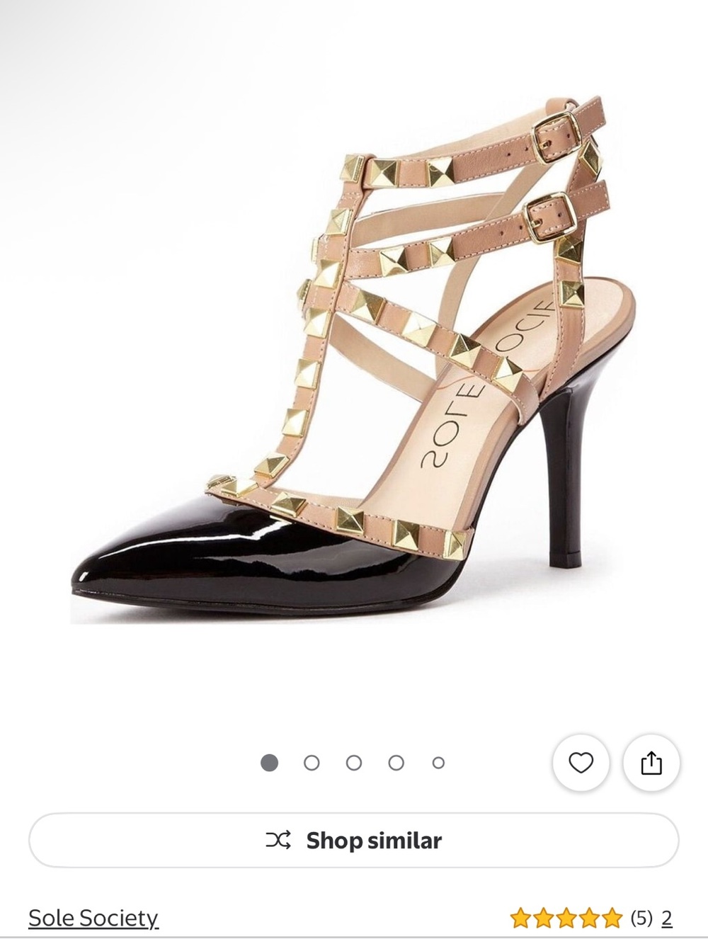 Sole Society Black Patent Pointed T-Strap Pump with Nude Straps and Gold Studs